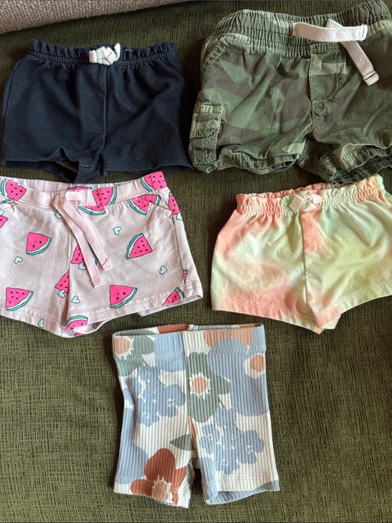 Carter's Other - Baby Shorts Bundle - Pink Watermelon, Camo Green, Black, Pastel Tie-Dye 3M